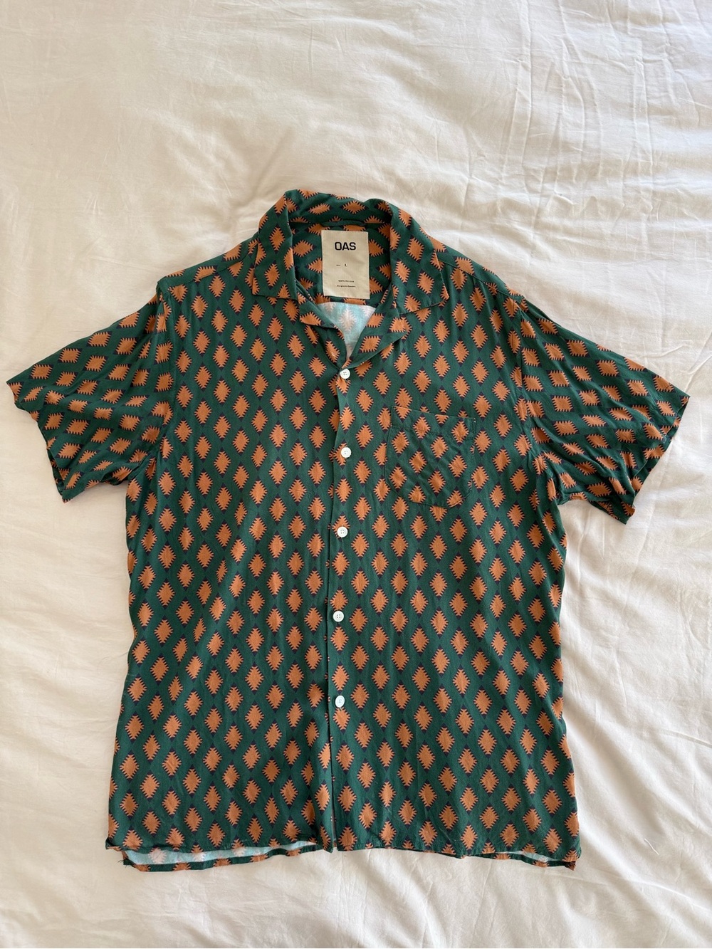 OAS Short Sleeve Button-Down Shirt in Green and Orange Diamond Print